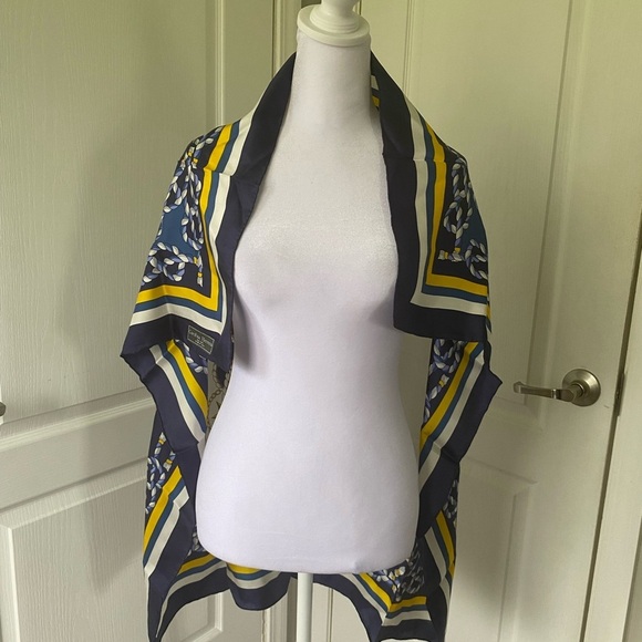 Carolina Herrera 100% silk women’s nautical print blue gold scarf - Picture 5 of 10